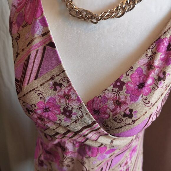 90s Crosover Neckline Midi Dress Print Graphic Pink & Tan Pastel Shift - Picture 5 of 6